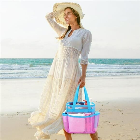 Mesh shower caddy tote bag quick dry dorm bathroom gym travel organizer pink - Picture 2 of 8